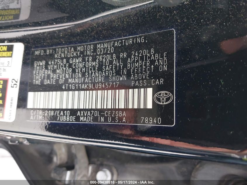 2020 Toyota Camry Se VIN: 4T1G11AK9LU945717 Lot: 39438518
