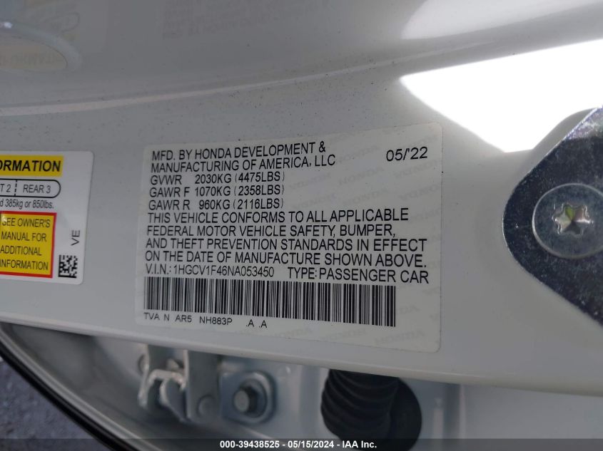2022 Honda Accord Sport Special Edition VIN: 1HGCV1F46NA053450 Lot: 39438525