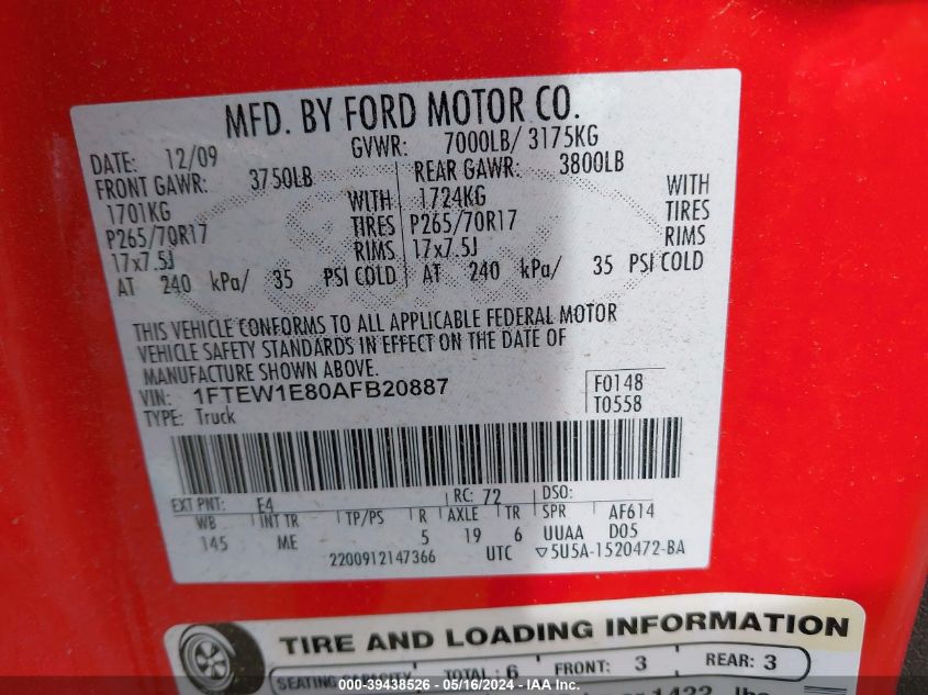 2010 Ford F-150 Xl/Xlt VIN: 1FTEW1E80AFB20887 Lot: 39438526