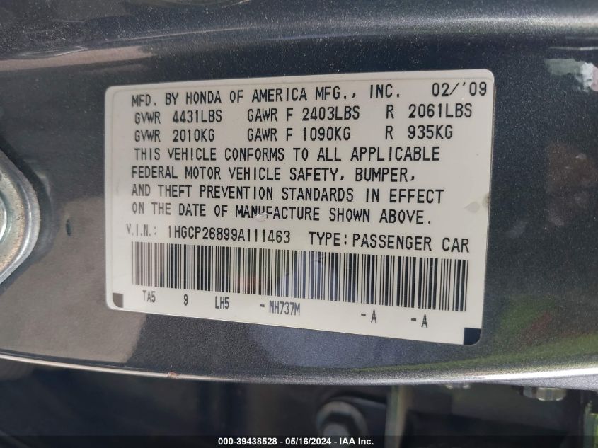 2009 Honda Accord 2.4 Ex-L VIN: 1HGCP26899A111463 Lot: 39438528
