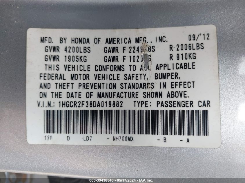 2013 Honda Accord Lx VIN: 1HGCR2F38DA019882 Lot: 39438540