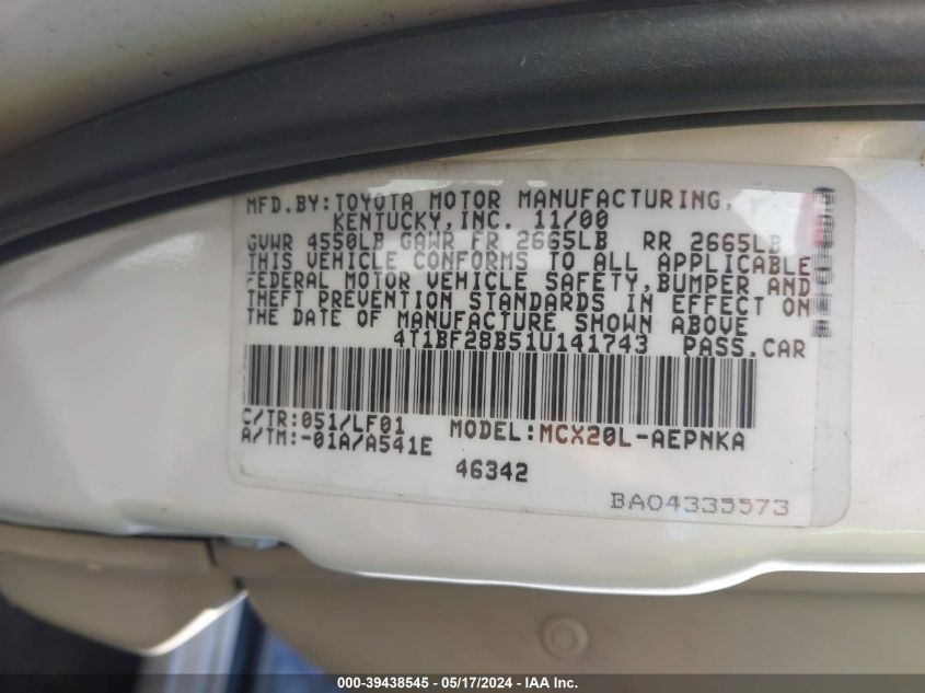 2001 Toyota Avalon Xl VIN: 4T1BF28B51U141743 Lot: 39438545