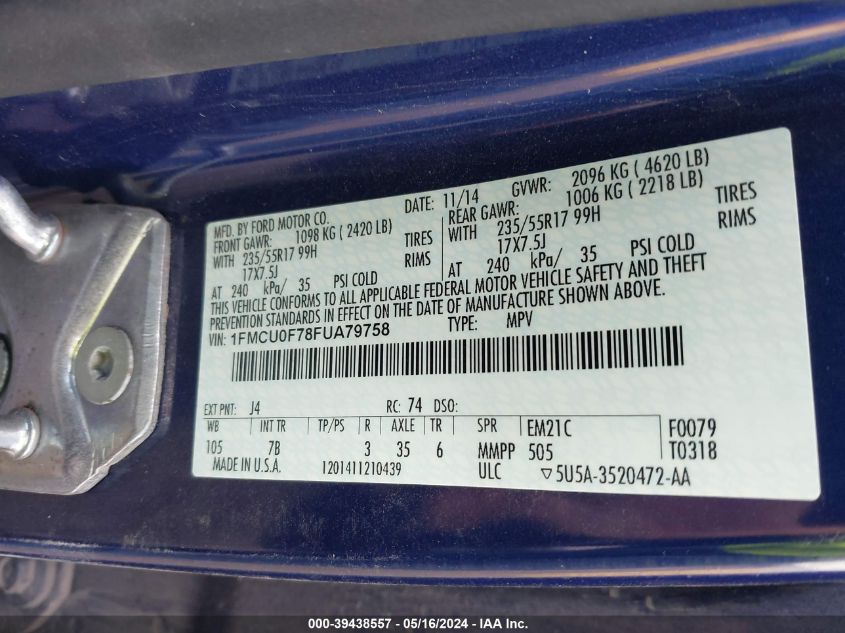 2015 Ford Escape S VIN: 1FMCU0F78FUA79758 Lot: 39438557