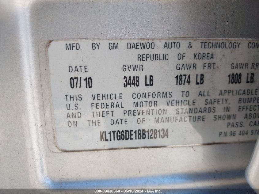 2011 Chevrolet Aveo 2Lt VIN: KL1TG6DE1BB128134 Lot: 39438560