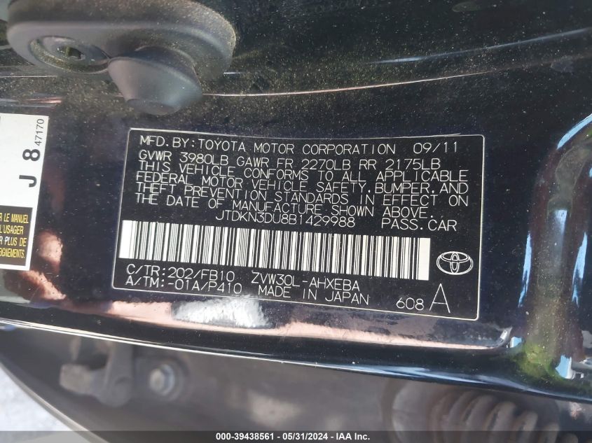 2011 Toyota Prius Three VIN: JTDKN3DU8B1429988 Lot: 39438561