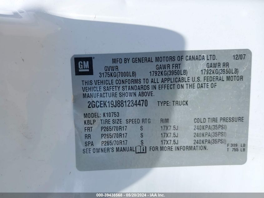 2008 Chevrolet Silverado 1500 Lt2 VIN: 2GCEK19J881234470 Lot: 39438568