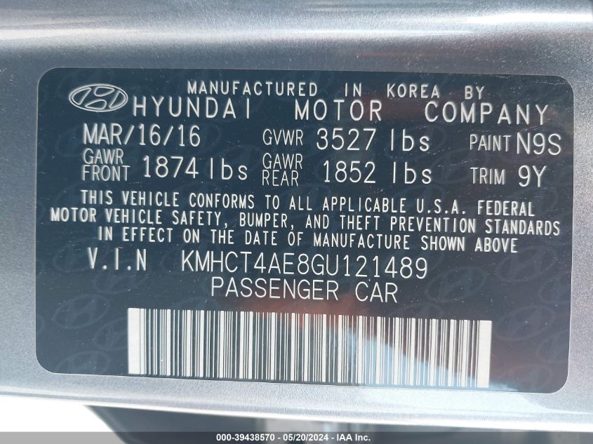 2016 Hyundai Accent Se VIN: KMHCT4AE8GU121489 Lot: 39438570