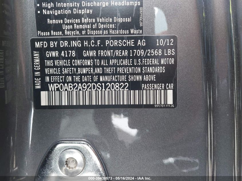 2013 Porsche 911 Carrera 4S VIN: WP0AB2A92DS120822 Lot: 39438573