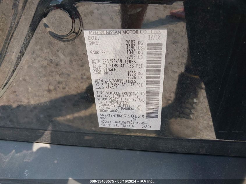 2019 Nissan Rogue Sl VIN: 5N1AT2MT6KC750625 Lot: 39438575