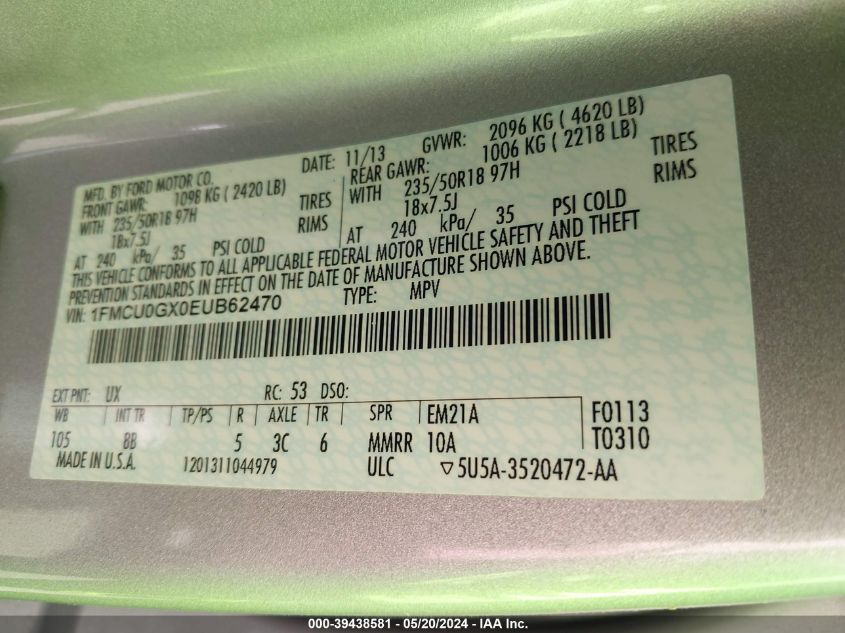 2014 Ford Escape Se VIN: 1FMCU0GX0EUB62470 Lot: 39438581