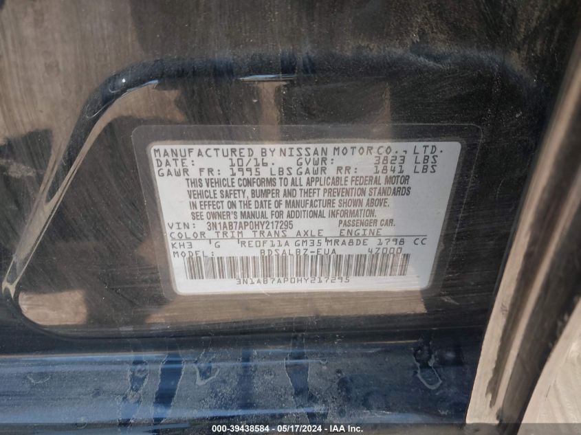 2017 Nissan Sentra S VIN: 3N1AB7AP0HY217295 Lot: 39438584