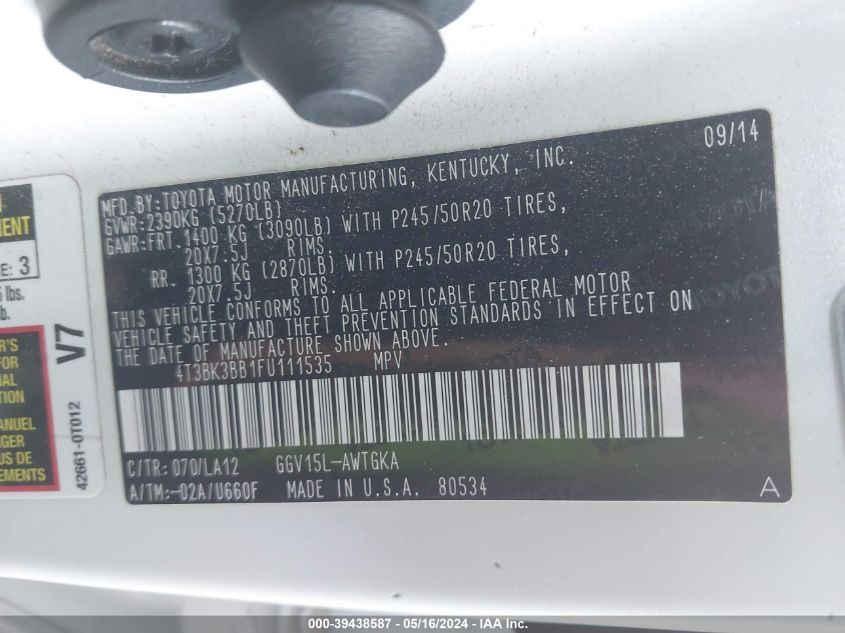 2015 Toyota Venza Limited V6 VIN: 4T3BK3BB1FU111535 Lot: 39438587