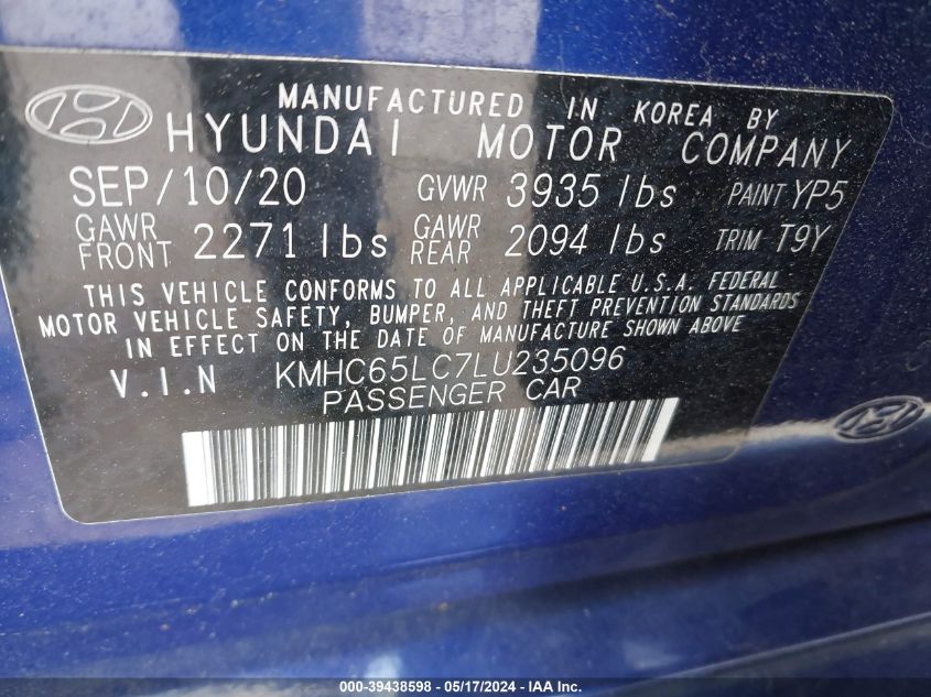 2020 Hyundai Ioniq Hybrid Blue VIN: KMHC65LC7LU235096 Lot: 39438598