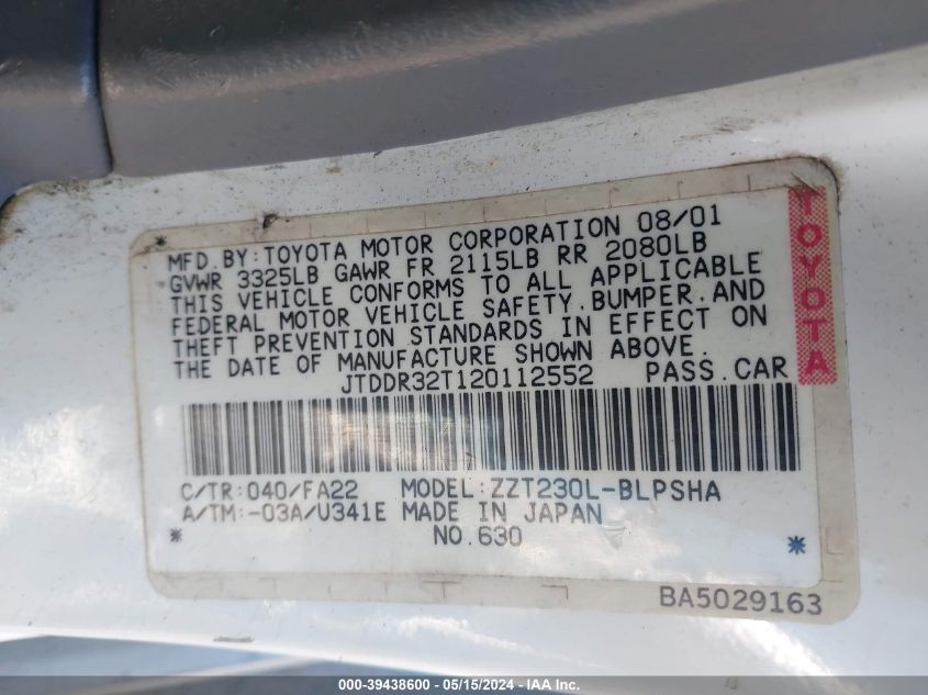 2002 Toyota Celica Gt VIN: JTDDR32T120112552 Lot: 39438600