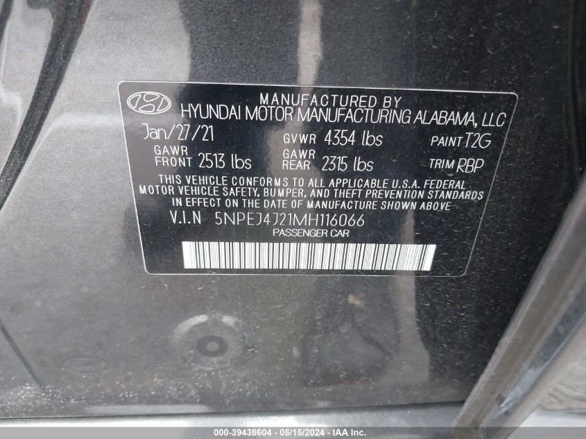 2021 Hyundai Sonata Sel Plus VIN: 5NPEJ4J21MH116066 Lot: 39438604