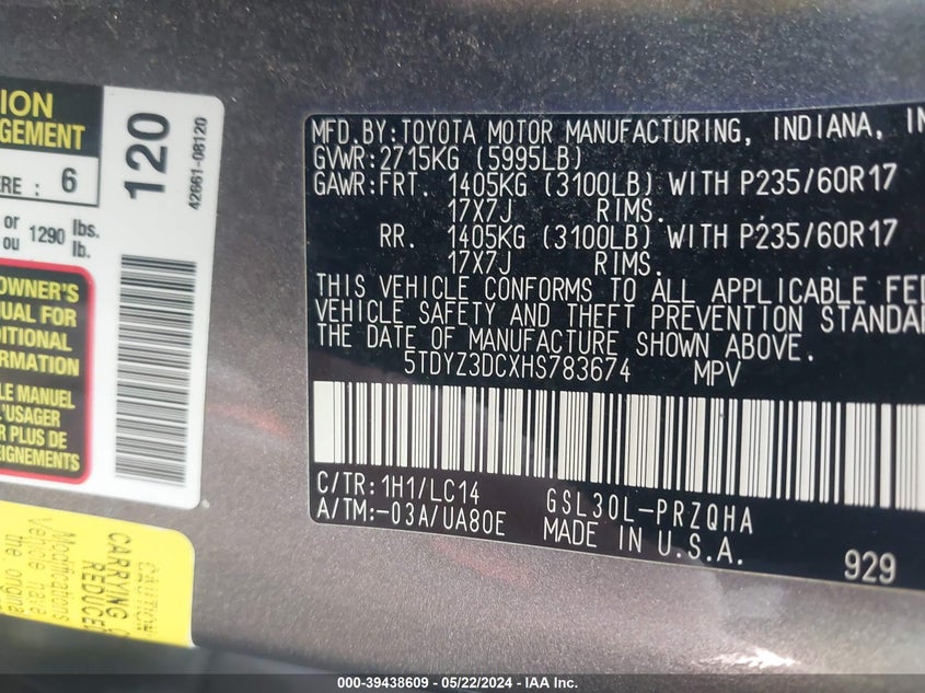 2017 Toyota Sienna Xle 8 Passenger VIN: 5TDYZ3DCXHS783674 Lot: 39438609