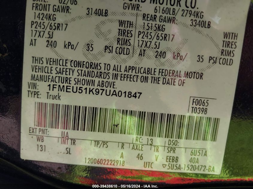 2007 Ford Explorer Sport Trac Xlt VIN: 1FMEU51K97UA01847 Lot: 39438610