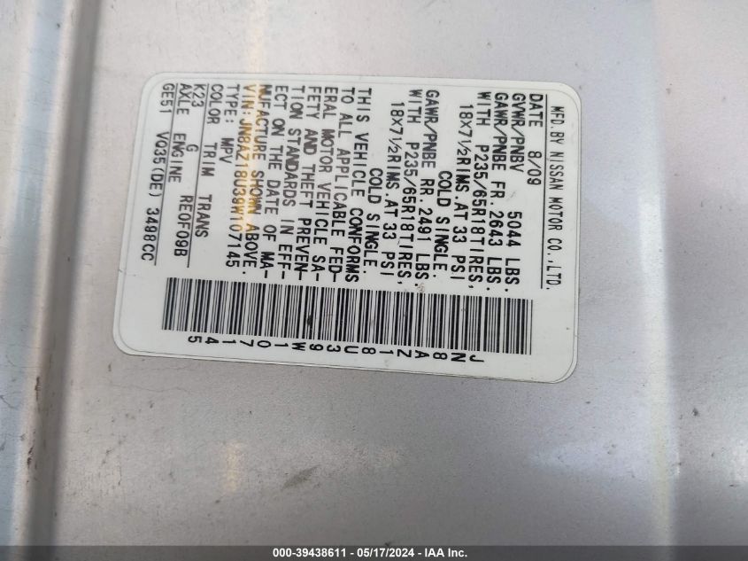 2009 Nissan Murano Sl VIN: JN8AZ18U39W107145 Lot: 39438611