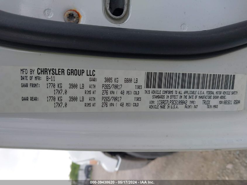 2012 Ram 1500 Slt VIN: 1C6RD7LP3CS109842 Lot: 39438620