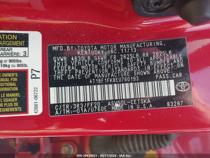 2014 Toyota Camry Se VIN: 4T1BF1FK8EU760193 Lot: 39438621