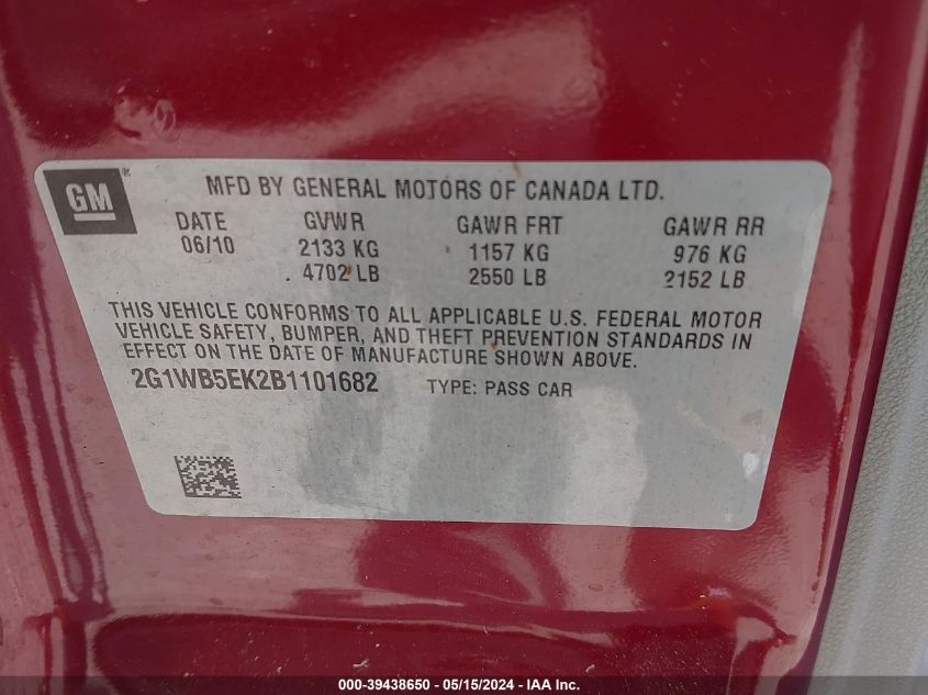 2011 Chevrolet Impala Lt VIN: 2G1WB5EK2B1101682 Lot: 39438650