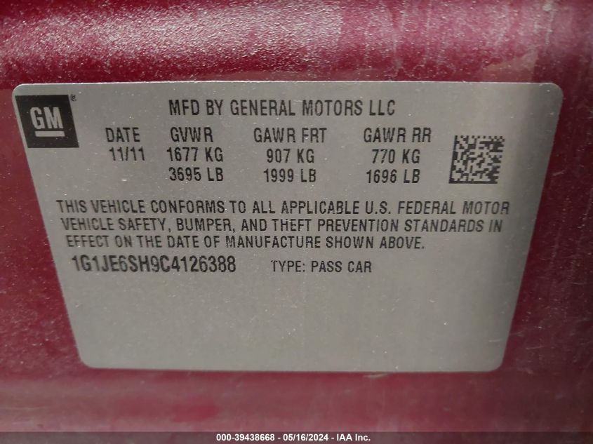 2012 Chevrolet Sonic 2Lz VIN: 1G1JE6SH9C4126388 Lot: 39438668