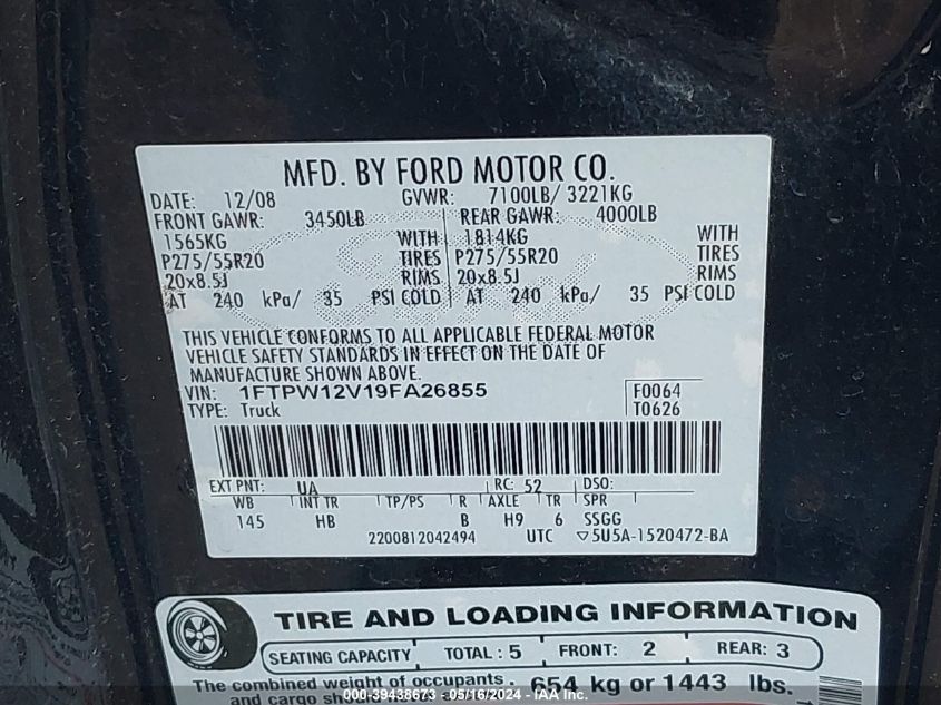 2009 Ford F-150 King Ranch/Lariat/Platinum/Xl/Xlt VIN: 1FTPW12V19FA26855 Lot: 39438673