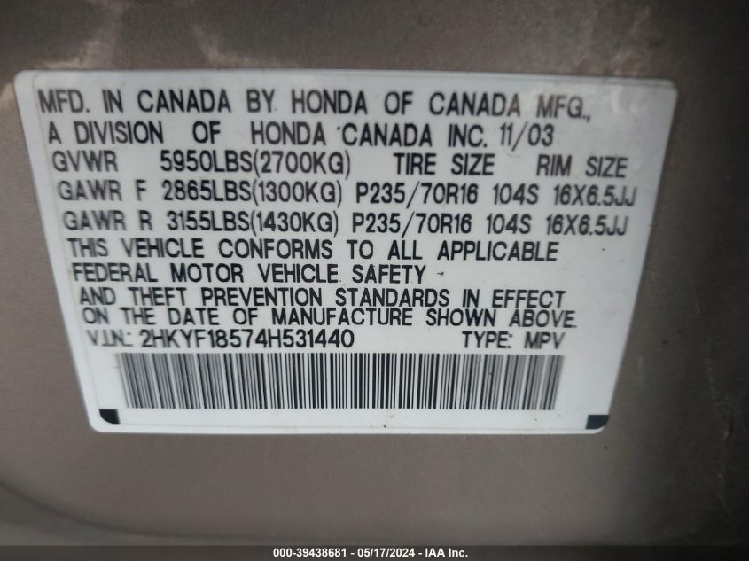 2004 Honda Pilot Ex-L VIN: 2HKYF18574H531440 Lot: 39438681