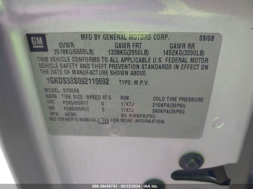 2009 GMC Envoy Sle VIN: 1GKDS33S092110692 Lot: 39438753