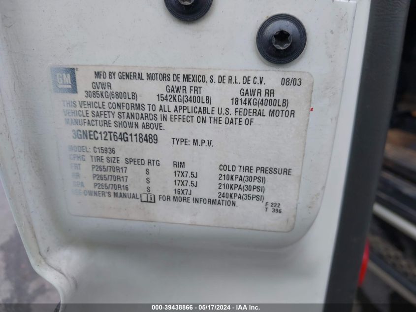 2004 Chevrolet Avalanche 1500 VIN: 3GNEC12T64G118489 Lot: 39438866