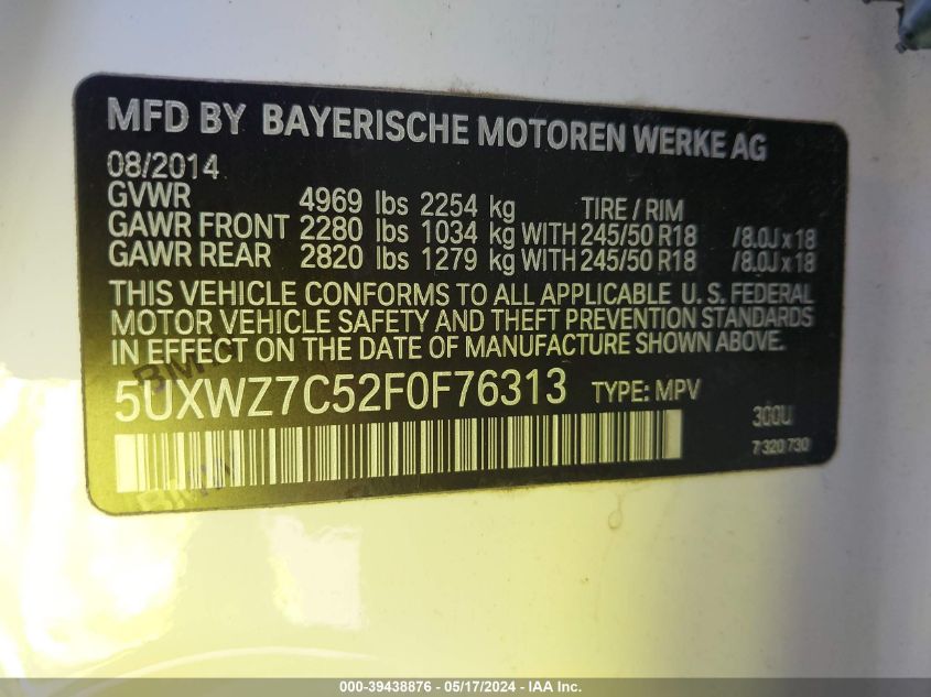 2015 BMW X3 Sdrive28I VIN: 5UXWZ7C52F0F76313 Lot: 39438876