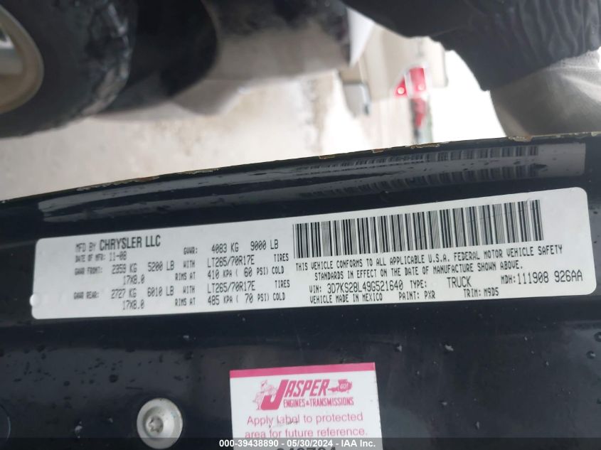 2009 Dodge Ram 2500 Slt VIN: 3D7KS28L49G521640 Lot: 39438890