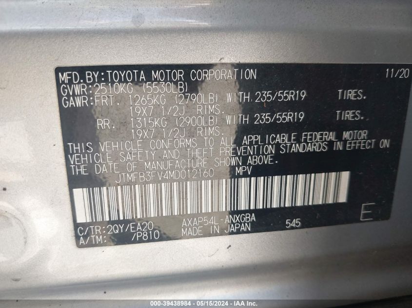 2021 Toyota Rav4 Prime Xse VIN: JTMFB3FV4MD012160 Lot: 39438984