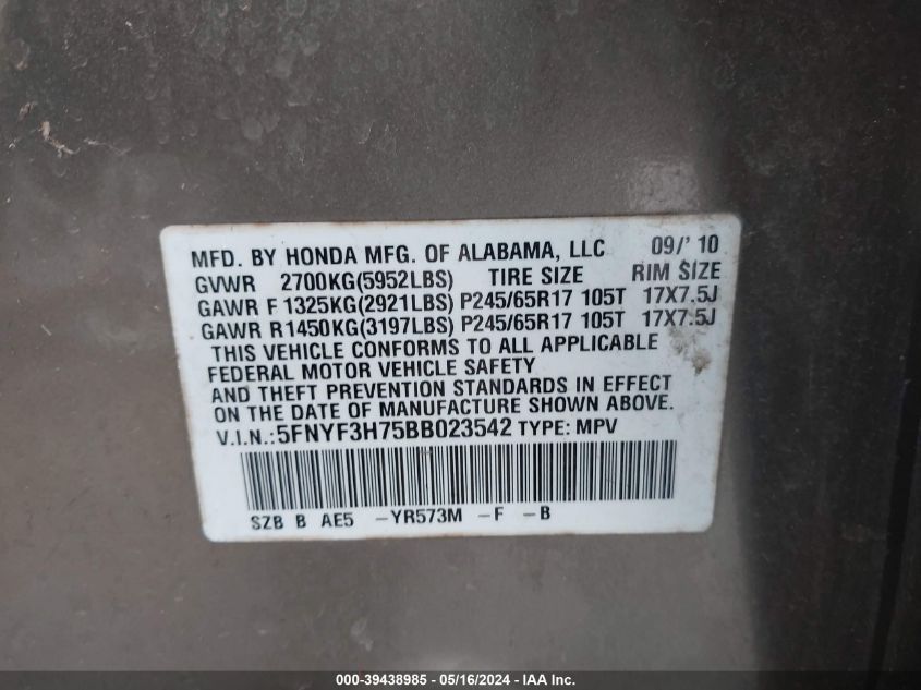 2011 Honda Pilot Ex-L VIN: 5FNYF3H75BB023542 Lot: 39438985