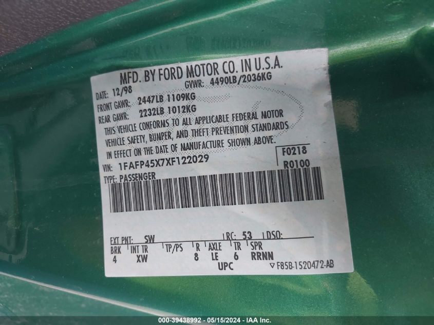 1999 Ford Mustang Gt VIN: 1FAFP45X7XF122029 Lot: 39438992