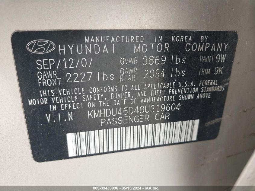 KMHDU46D48U319604 2008 Hyundai Elantra Gls/Se