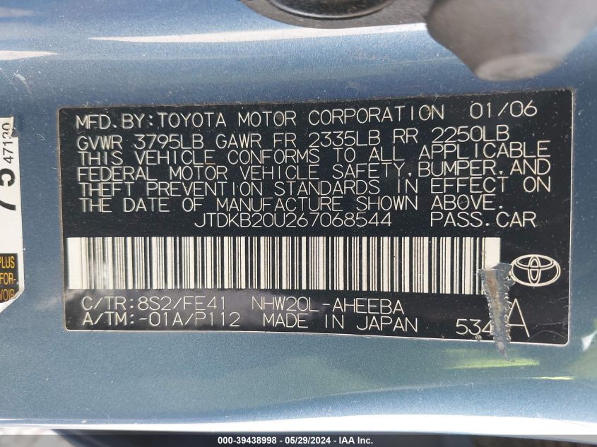 2006 Toyota Prius VIN: JTDKB20U267068544 Lot: 39438998