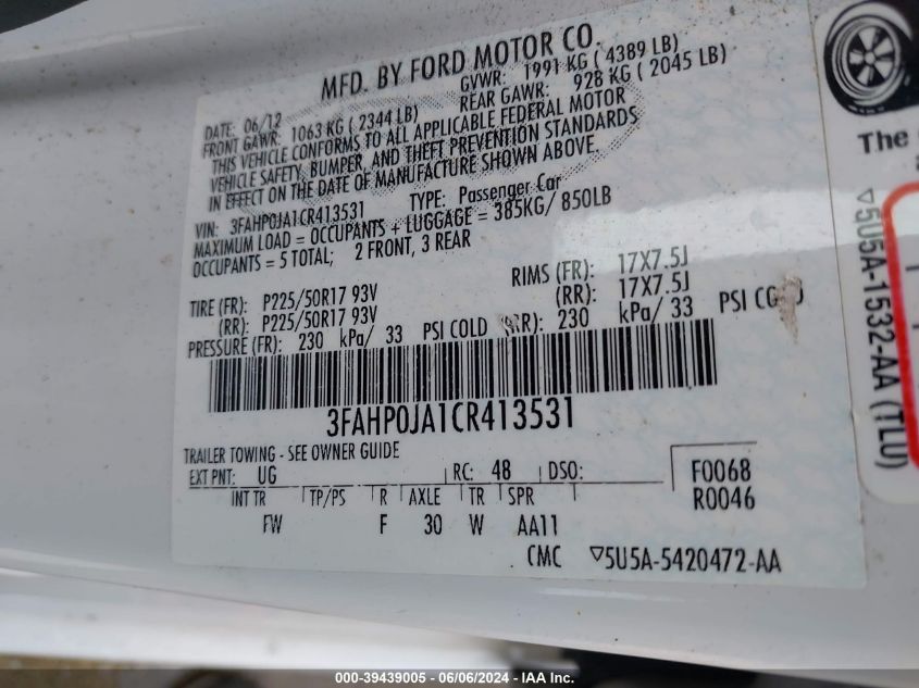 2012 Ford Fusion Sel VIN: 3FAHP0JA1CR413531 Lot: 39439005