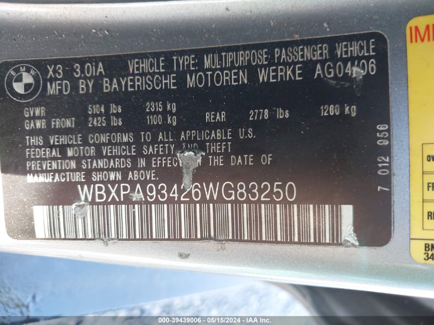 2006 BMW X3 3.0I VIN: WBXPA93426WG83250 Lot: 39439006