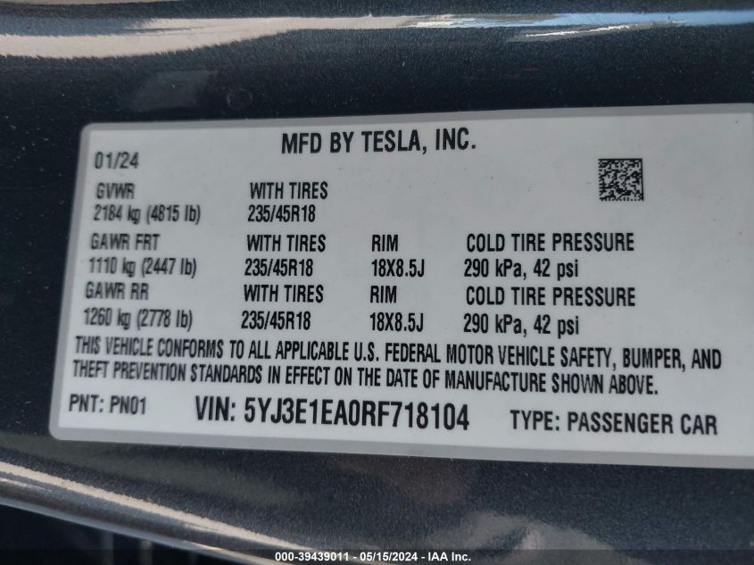 2024 Tesla Model 3 Rear-Wheel Drive VIN: 5YJ3E1EA0RF718104 Lot: 39439011