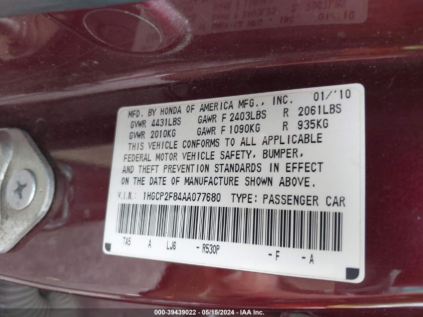 2010 Honda Accord 2.4 Ex-L VIN: 1HGCP2F84AA077680 Lot: 39439022