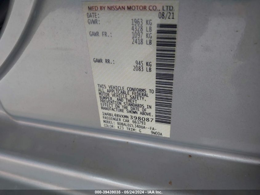 2021 Nissan Altima S Fwd VIN: 1N4BL4BVXMN398087 Lot: 39439035