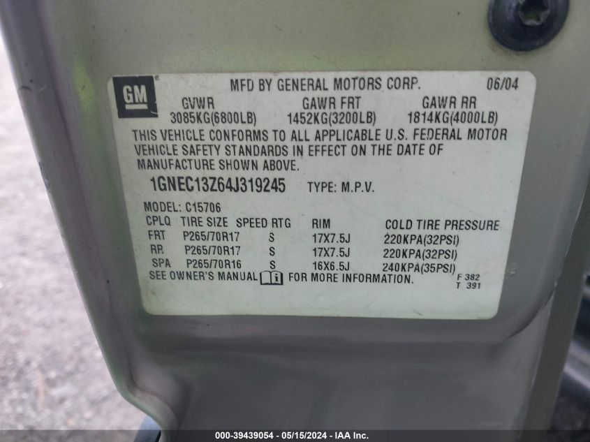 2004 Chevrolet Tahoe Ls VIN: 1GNEC13Z64J319245 Lot: 39439054