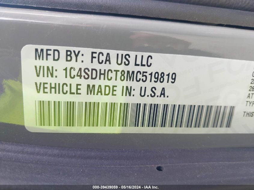 2021 Dodge Durango R/T Rwd VIN: 1C4SDHCT8MC519819 Lot: 39439059