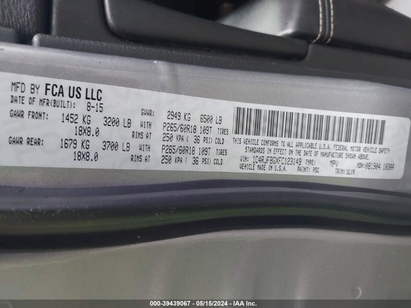 2015 Jeep Grand Cherokee Limited VIN: 1C4RJFBGXFC123149 Lot: 39439067