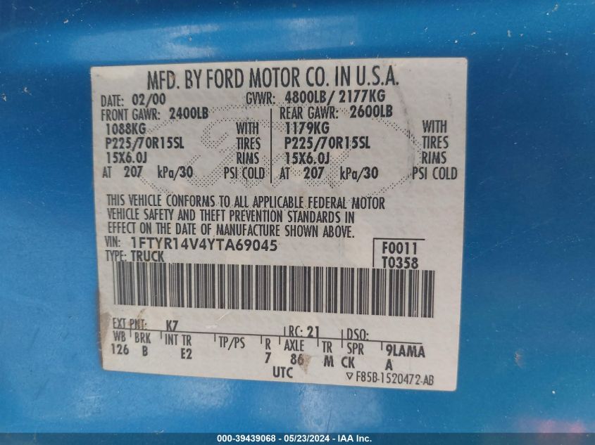 2000 Ford Ranger Xl/Xlt VIN: 1FTYR14V4YTA69045 Lot: 39439068