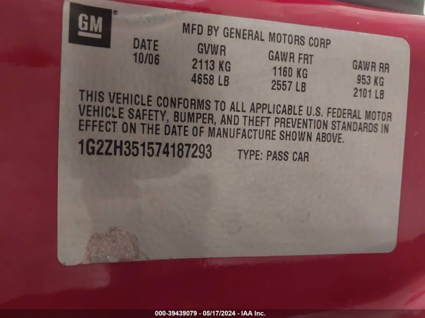 2007 Pontiac G6 Gt VIN: 1G2ZH351574187293 Lot: 39439079