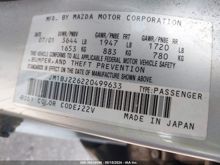 2002 Mazda Protege Dx/Es/Lx VIN: JM1BJ226220499633 Lot: 39439096