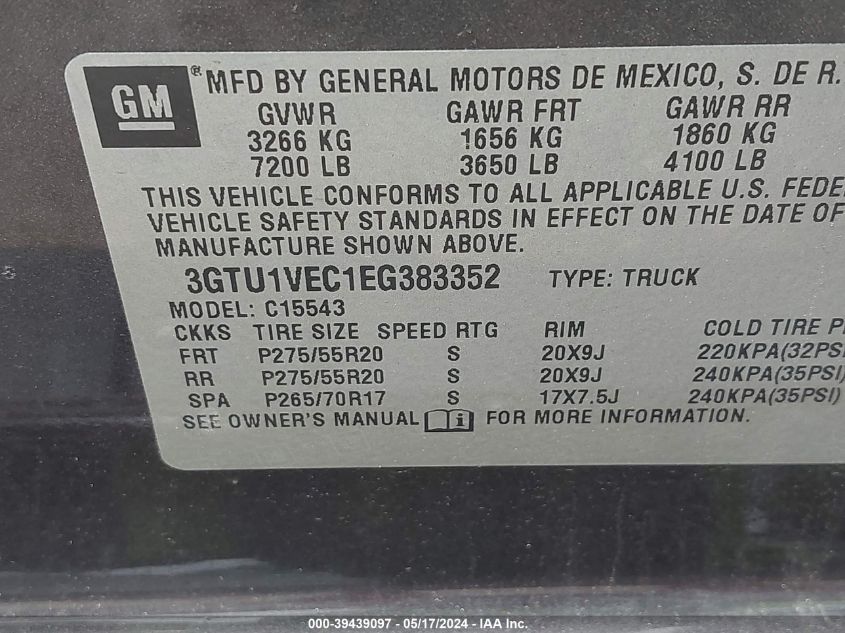 2014 GMC Sierra 1500 Slt VIN: 3GTU1VEC1EG383352 Lot: 39439097