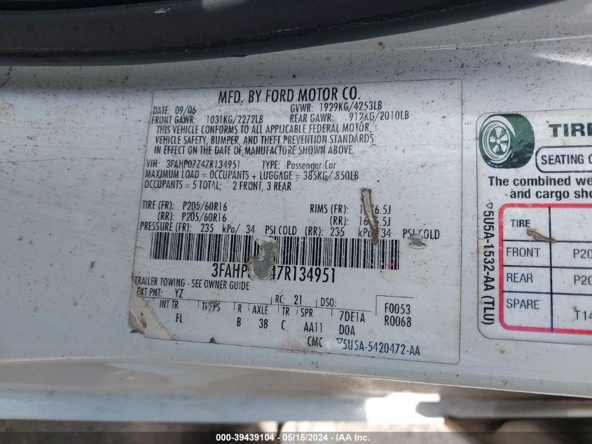 2007 Ford Fusion Se VIN: 3FAHP07Z47R134951 Lot: 39439104